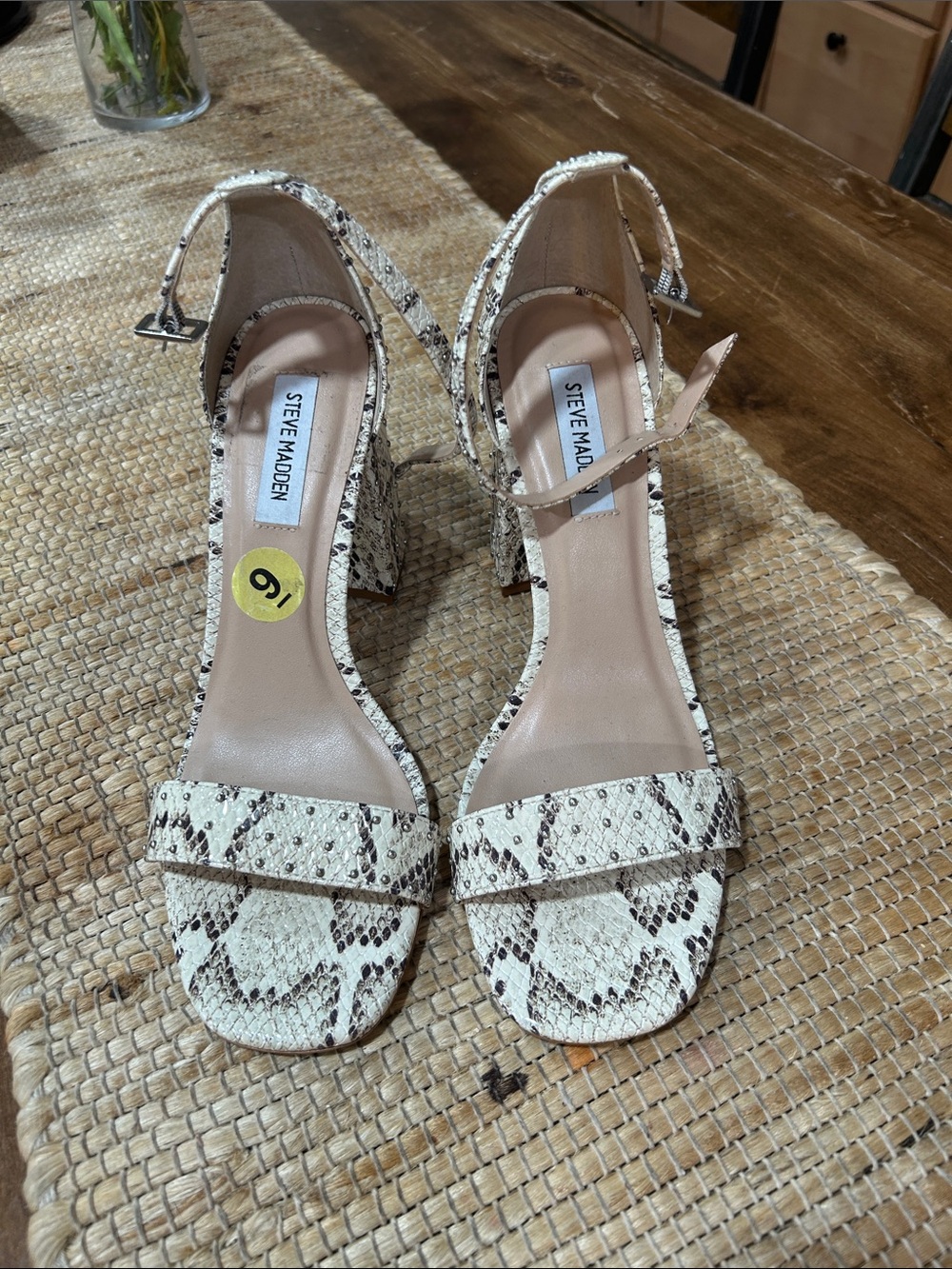 Steve Madden Cream and Brown Snake-Print Block Heel Sandals